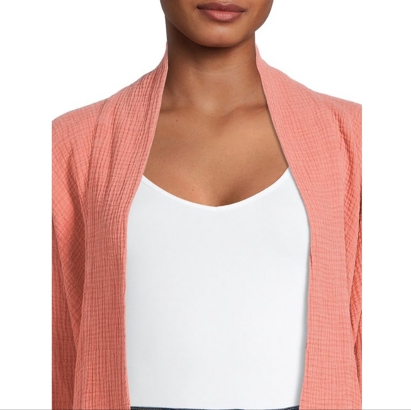 NWOT 100% Cotton Seersucker Oversized Coral Tie Front Kimono Sweater - Picture 3 of 15